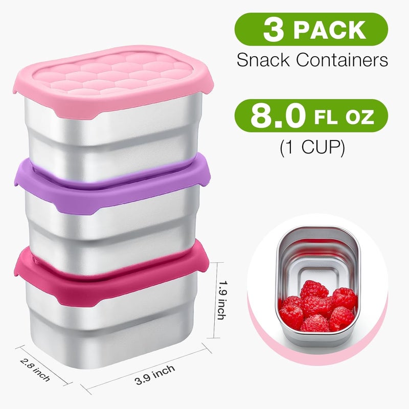 Gencywe 3 Pack Stainless Steel Snack Containers for Kids, 8 oz Easy Open Leak Proof Small Toddler Snack Containers with Silicone Lids, Stackable Metal Lunch Box for Daycare and School (Pink) - Image 2